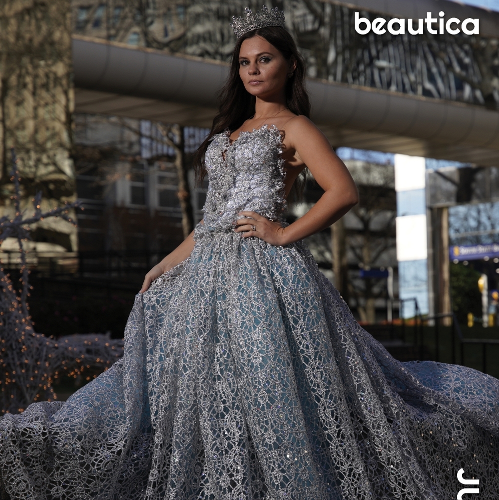 "NIVIA" Silver Laser Sequin Lace Blue Tulle Wedding Ballgown Set